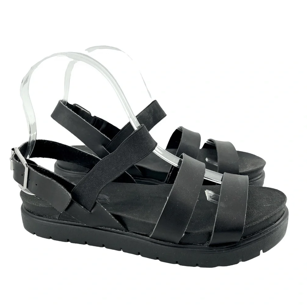BAMBOO Women’s Black Vegan Casual Chunky Platform Strappy Open Toe Sandals 7